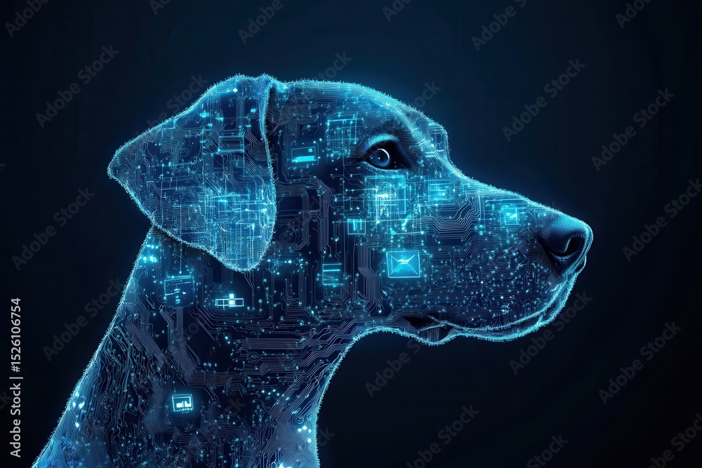 Poster visual representation of a neural network illustrating a dog's brain interconnected with big data te
