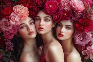 Naklejka premium Celebrating International Women's Day with vibrant floral artistry featuring three women adorned in roses in a serene and colorful garden setting