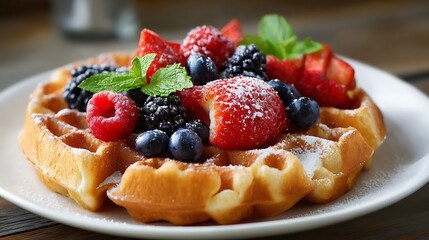 Freshly Baked Waffle Topped with Berries and Powdered Sugar