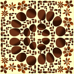 Brown coffee beans and paw prints create a seamless vector pattern for a warm cafe backdrop illustration
