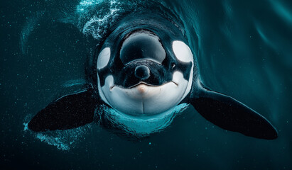 AI generator images of Killer Whales, majestic orca leaps from the ocean, surrounded by shimmering water droplets , orca and dolphin jump in the blue ocean, showcasing the marine mammals' powerful fin