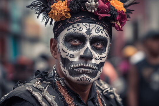 A man with a skull painted on his face and a flower headdress. He is wearing a black outfit and is surrounded by people
