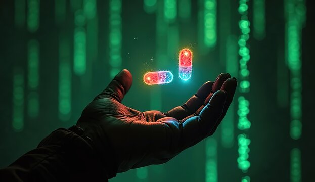 A cinematic sci-fi scene featuring a black-gloved hand extended forward, offering two glowing capsules one red and one blue both filled with luminous, sparkling particles. - Powered by Adobe
