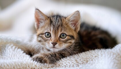 Sweet Tabby Kitten Lounging on White Plaid, Newborn Wonder in a Cozy Home Setting Radiating Gentle Vibes and Playful Energy.