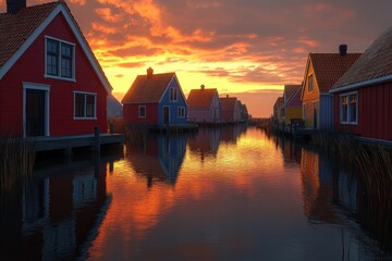 Obraz premium Colorful waterfront houses reflected in the tranquil water at sunrise.