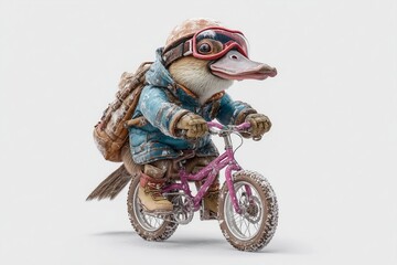 A quirky platypus in hybrid biking outfit pedaling through snow on solid white background, unique winter sports athlete.
