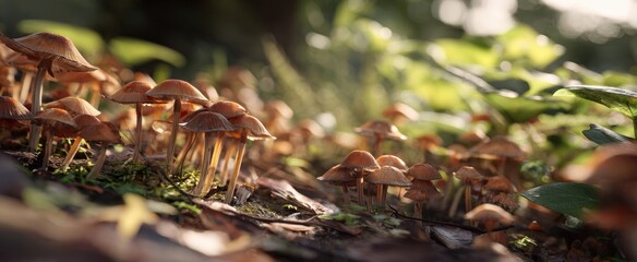 The Enchanting World of Mushrooms in a Sunlit Woodland Setting