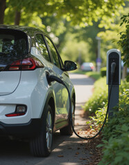 Modern electric car charging at a roadside station surrounded by greenery