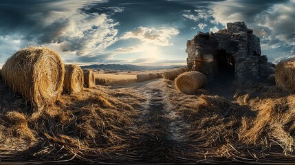 Panoramic vista of autumnal field with hay bales and ancient stone structure