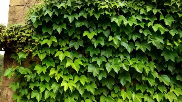 Lush green ivy climbing up an aged brick wall, showcasing dense foliage and natural texture, creating a vibrant and organic background with varied leaf sizes.