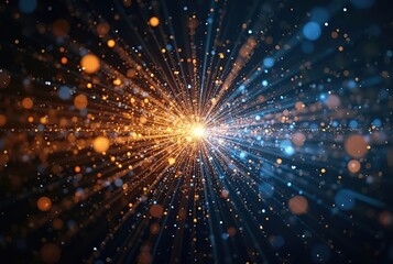 Naklejka premium Bright, glowing stars burst across a blue cosmic night sky, illuminating an abstract space background