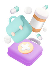 Falling pills on background and health care. Medical symbol Medicine bottle and pill. Medicine bag capsule Medical Flat Design Vector illustration Antibiotics. 3D vector