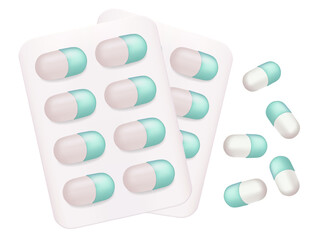 Capsule tablets in a blister. 3d vector medicine icon vector render illustration and health care. Medical symbol