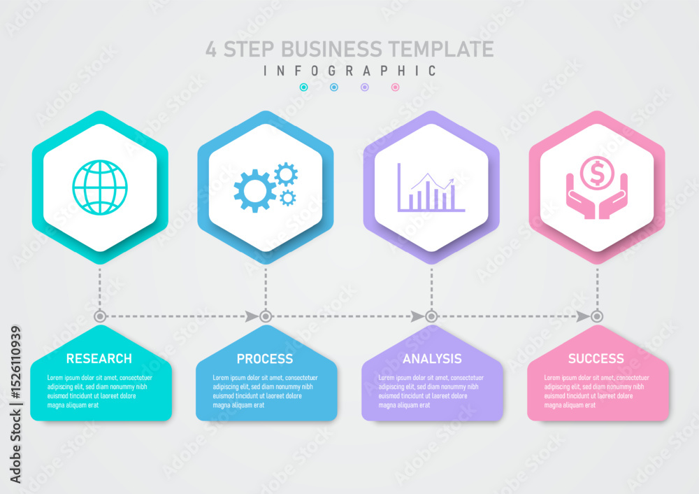 Wall mural infographic template 4 steps business planning. multicolored hexagons below and white hexagons above