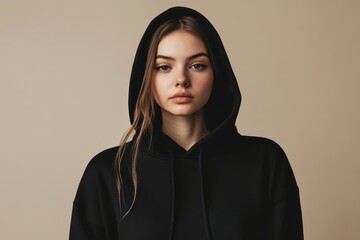 Fototapeta premium Woman in a black hoodie poses against a neutral background, highlighting a casual and comfortable style suitable for various occasions and fashion choices