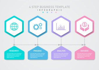 Infographic template 4 steps business planning. Multicolored hexagons below and white hexagons above. Icon in the center. Multicolored triangles below and white text in the center.