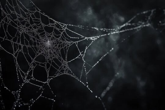 Real creepy spider webs silhouetted against a dark background create an eerie atmosphere full of delicate details and intriguing patterns found in nature's architecture