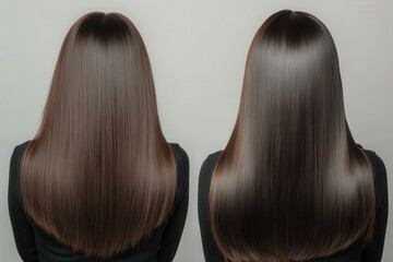 Fototapeta premium Transformation of woman's hair before and after treatment highlighting shine and smoothness with visible differences in texture and appearance