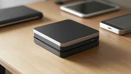 A sleek, modern device sits on a wooden desk among gadgets. It showcases the blend of innovation and minimalist design, perfect for tech enthusiasts and office environments.