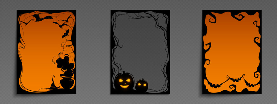 Halloween frame set for social media posts - orange witch cauldron border with bats, spooky pumpkin design, decorative gothic swirls with terrible smiles template. Black silhouette party invitation