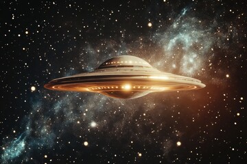 Obraz premium Surreal retro sky with a detailed spacecraft gliding through a star-filled cosmic landscape near distant galaxies and nebulae in a captivating universe at twilight