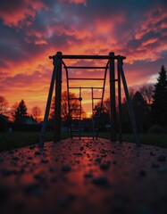 Fototapeta premium Empty children's playground under a vibrant evening sky at sunset