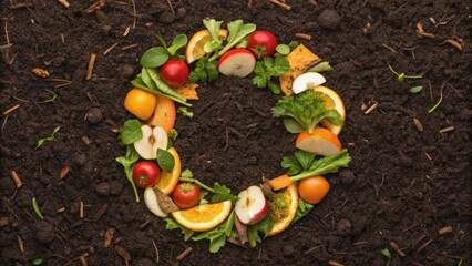 A circular arrangement of fresh fruits and vegetables on dark soil, symbolizing nature and sustainability.