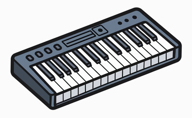 A modern cartoon illustration of an electronic keyboard or synthesizer, a simple vector graphic icon for music production, band branding, or app design.
