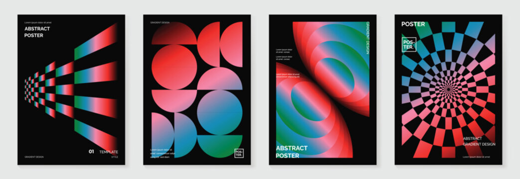 Modern gradient poster background vector set. Cover template with vibrant perspective geometric prism shapes. Ideal design for social media, cover, banner, flyer. 