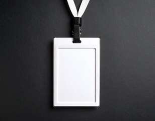 Empty layout layout on black background. Common blank label name tag hanging on neck 