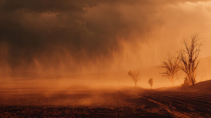 A cinematic depiction of a burnt rural landscape devastated by extreme drought.  Generative AI