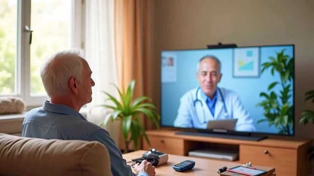 Elderly man engaged in a telehealth consultation with a doctor on a large screen in a cozy living room
