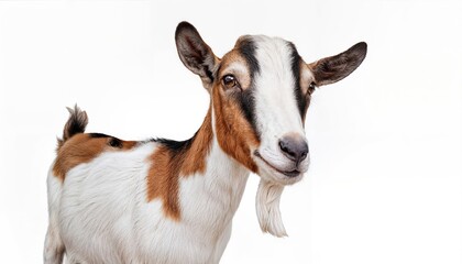 Playful Pygmy Goat, Sideways Glance A Charming Portrait of a Bicolor Companion Against a Pastoral Backdrop, Showcasing the Captivating Texture of its White and Brown Coat.