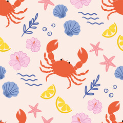 Summer seasonal Mediterranean seamless pattern background vector. Italian wallpaper of crab, starfish, lemon, hibiscus, shell. Summer doodle design for fabric, prints, banner, packaging, tile.