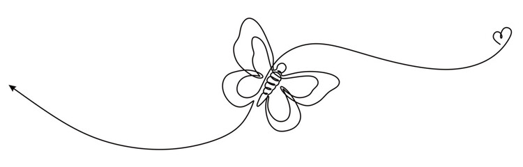 continuous one line art of a butterfly with curved and twisted lines. vector illustration with transparent background
