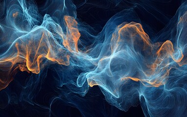 An abstract composition of flowing blue and orange smoke-like shapes, creating a mesmerizing visual effect. Ideal for backgrounds, artistic projects, or modern designs.