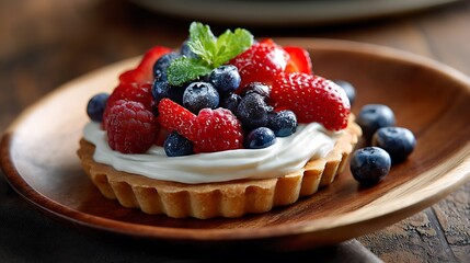 Berry Tart with Whipped Cream and Mint Garnish