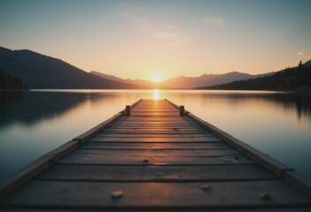 Obraz premium Wooden pier extending into a calm lake at sunrise, creating a serene atmosphere