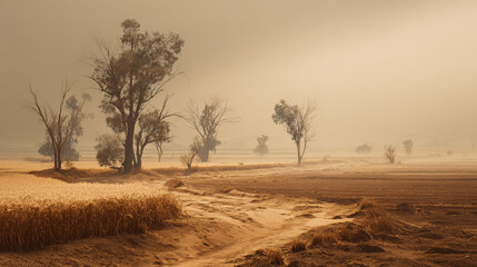 A cinematic depiction of a burnt rural landscape devastated by extreme drought.  Generative AI