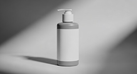 Minimalist gray and white pump bottle with blank label in soft studio light