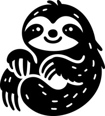 Obraz premium Smiling sloth hanging relaxed on a leafy branch. Minimalist vector drawing for nature and slow-living concepts.