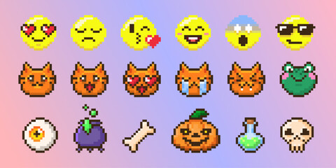 Pixel art emoticon face collection on gradient background - retro 8 bit style expressions with yellow face, orange cat, frog and Halloween items including eyeball and witch cauldron, pumpkin and skull