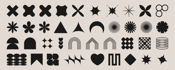 Brutalist shape set. Black geometric symbols - crosses and stars, flowersand circles, arches and hearts on beige background. Minimalist abstract design elements with spiral patterns for modern graphic