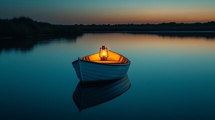 Tranquil evening scene: illuminated boat adrift on a serene lake at dusk