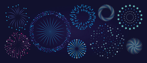 Set of new year firework vector illustration. Collection of glow vibrant colorful fireworks on dark background. Art design suitable for decoration, print, poster, banner, wallpaper, card, cover.