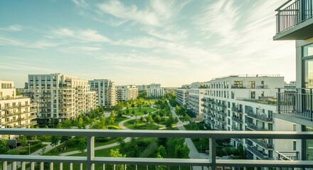Fototapeta premium Modern apartment buildings overlook a green park with winding paths and lush trees