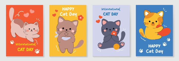 Happy international cat day cover set. Cute cats and funny kitten, paw foot design collection with flat color in different poses. Adorable pet animals illustration for international cat day.