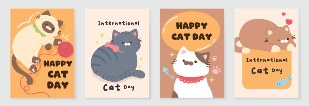 Naklejki Happy international cat day cover set. Cute cats and funny kitten, paw foot design collection with flat color in different poses. Adorable pet animals illustration for international cat day.
