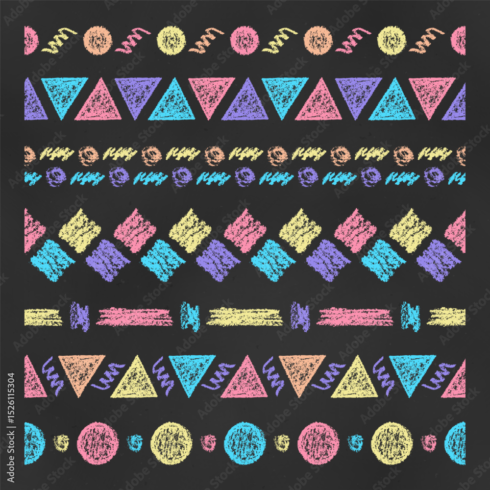 Wall mural set of abstract horizontal seamless borders chalk drawn sketches of simple shapes.