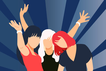 Young women, brunette, blonde and redhead. Party, bachelorette party, celebration. Female friendship concept. Group of joyful female characters, hands up. Flat vector illustration